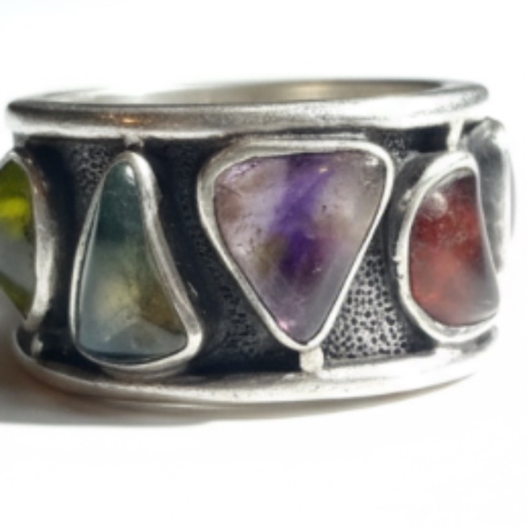 Modernist H. Fred Skaggs MCM Sterling Silver Signed Ring Multi Tourmaline Size 7 - Picture 10 of 15